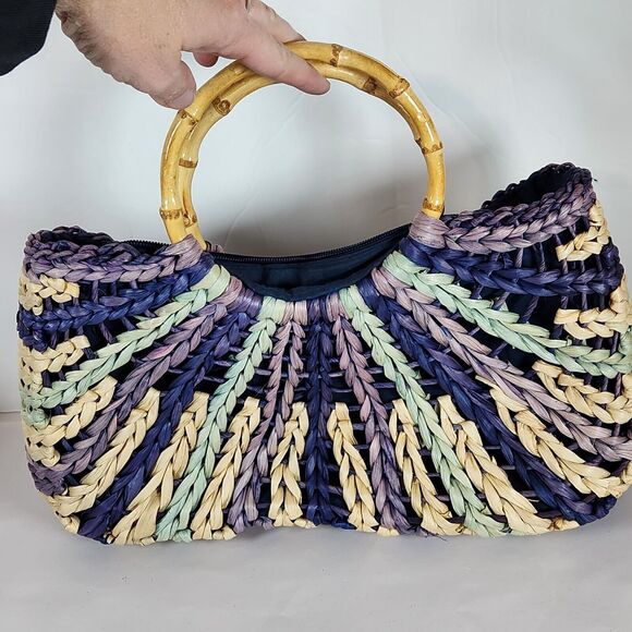 tropical trends purple striped colorful‎ Straw Woven Handbag round Bamboo Handle - Picture 5 of 10